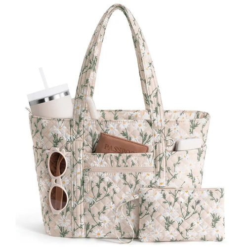 (Auction)Bagstellar Women's Cotton Quilted Look Tote Bag - 18L, Full-Closure Zipper, Multi-Pocket, Lightweight, Waterproof, Floral, Machine Washable Everyday Bag for 14" Laptop w/ Matching Cosmetic Pouch (Work, Travel Use) - Color: B3.Medium-Style B Vintage Daisy