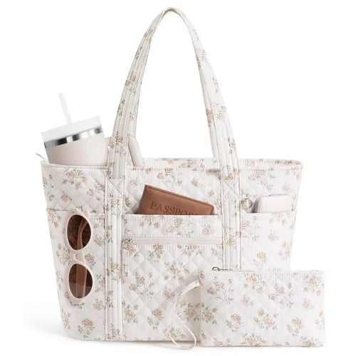 (Auction)Bagstellar Women's Cotton Quilted Look Tote Bag - 18L, Full-Closure Zipper, Multi-Pocket, Lightweight, Waterproof, Floral, Machine Washable Everyday Bag for 14" Laptop w/ Matching Cosmetic Pouch (Work, Travel Use)